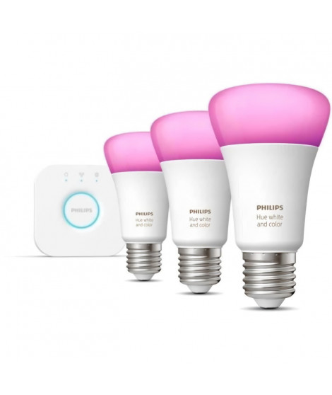 Philips Hue White and Color Ambiance, Kit de démarrage 3 ampoules E27, 75W, Bluetooth, fonctionne avec Alexa, Google et Homekit