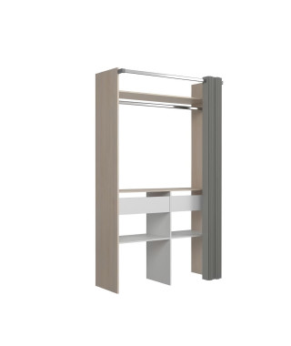 Aménagement de placard ARTIC avec rideau - Chene et Blanc - 1 penderie + 2 tiroirs - EKIPA