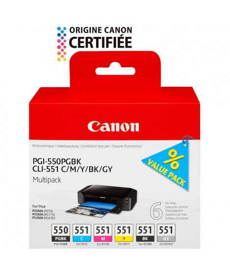 CANON Pack de 5 cartouches d'encre PGI-550 / CLI-551 Noir/Cyan/Magenta/Jaune/Gris