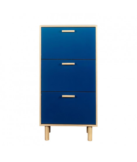 Meuble a chaussures 3 portes - Pied en pin - Bleu et chene - 60x25x120cm - LILA