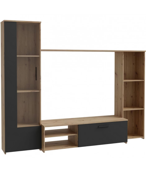 Meuble TV paroi PILVI - Particules mélaminé -Décor Chene et noir - porte vitrée + 1 abattant + 5 niches - L220 x P41 x H177,5 cm