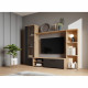 Meuble TV paroi PILVI - Particules mélaminé -Décor Chene et noir - porte vitrée + 1 abattant + 5 niches - L220 x P41 x H177,5 cm