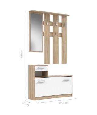 PEILI Vestiaire d'entrée avec miroir scandinave décor chene et blanc - L 97 cm