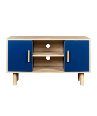 Meuble TV LILA - 2 portes - Décor mélaminé Bleu - Pieds en bois massif - L90 x P35 x H55 cm