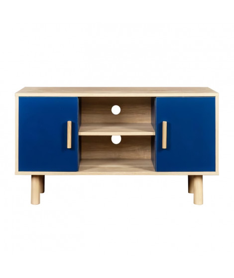 Meuble TV LILA - 2 portes - Décor mélaminé Bleu - Pieds en bois massif - L90 x P35 x H55 cm