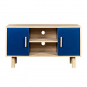 Meuble TV LILA - 2 portes - Décor mélaminé Bleu - Pieds en bois massif - L90 x P35 x H55 cm