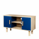 Meuble TV LILA - 2 portes - Décor mélaminé Bleu - Pieds en bois massif - L90 x P35 x H55 cm