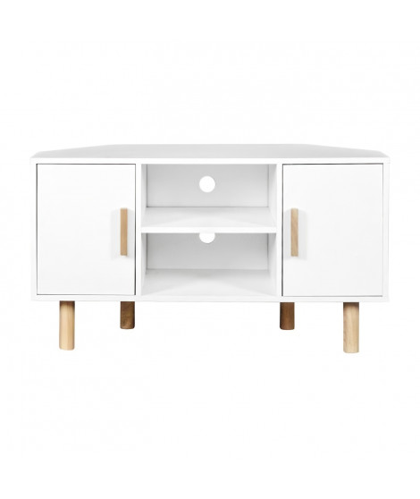 Meuble TV d'angle LILA - 2 portes - Décor mélaminé Blanc - Pieds en bois massif - L90 x P35 x H55 cm