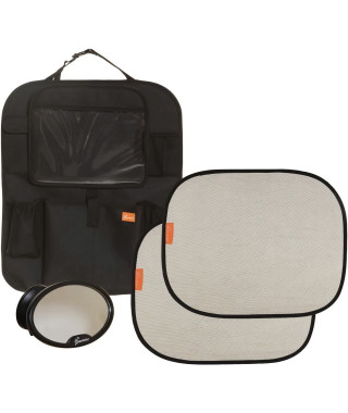 Dreambaby Kit de 4 pieces de voyage de voiture: organiseur de siege arriere, 2 pare-soleil Insta-Cling, miroir Ezy-View.