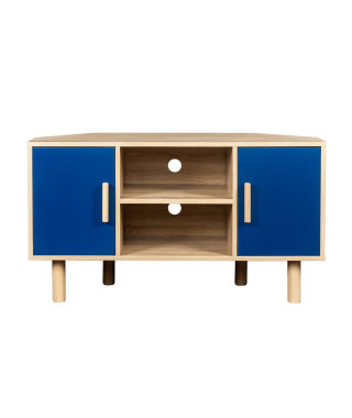 Meuble TV d'angle LILA - 2 portes - Décor mélaminé Bleu - Pieds en bois massif - L90 x P35 x H55 cm