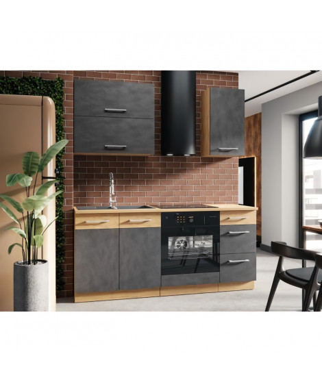 Cuisine complete ROCK L180 cm - 5 éléments + meuble four - Mélaminé décor chene lancelot et gris matera - Plan de travail non…