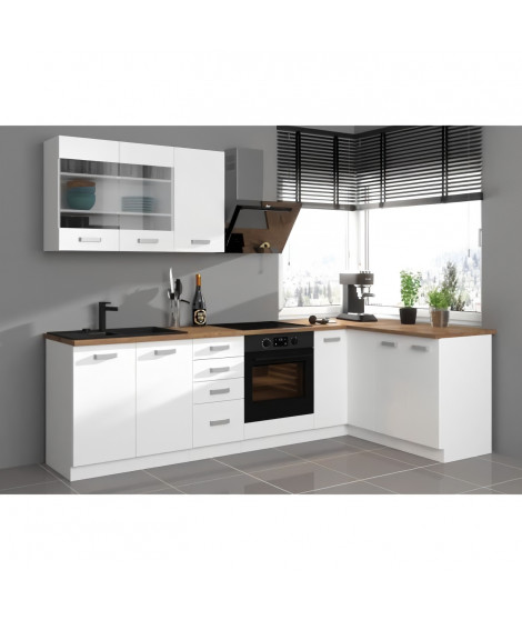 ATLAS Cuisine complete d'angle 8 éléments (reversible droit / gauche) - Décor blanc - L270 cm - Plan de travail non inclus