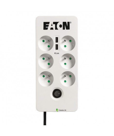 Multiprise/Parafoudre - EATON Protection Box 6 USB FR - PB6UF - 6 prises françaises + 2 ports USB - Blanc & Noir