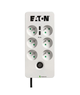 Multiprise/Parafoudre - EATON Protection Box 6 Tel@ USB FR - PB6TUF - 6 prises FR + 1 prise tel/RJ + 2 ports USB - Blanc & Noir