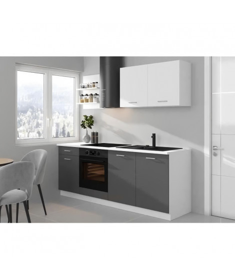 Cuisine complete PREGO - L 210 cm - Décor gris Graphit - Plan de travail 210 cm inclus