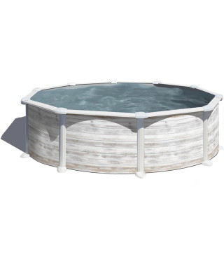 GRE - Piscine ronde acier Ø4,80m x H: 1,32m  - Imitation bois Nordique Filtration a sable