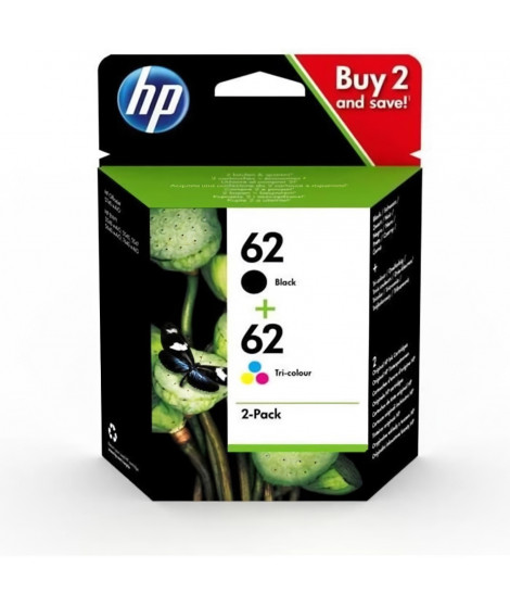 HP 62 Pack de 2 cartouches d'encre noire et trois couleurs authentiques (N9J71AE) pour Officejet Mobile 250, Envy 5540/5640/7640