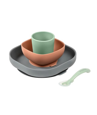 BEABA, Coffret repas bébé, silicone, 4 pieces, mineral