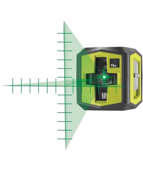 Laser croix vert avec traits de repere - portée 15 m - précision +/- 0,5 mm - Livré avec une cible et 2 piles