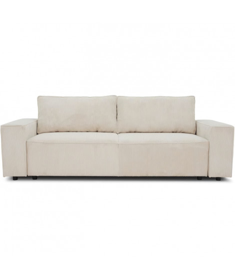 Canapé droit convertible 3 places JOSH - velours côtelé beige - Coffre de rangement - L239xP86xH85cm