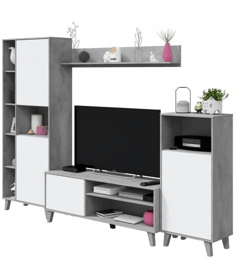 Ensemble meuble TV modulable Zoe : Meuble TV + 2 Vitrines - Ouverture PUSH - Mélamine - Décor Blanc et ciment - L260 x P33 x …