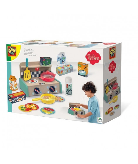 Kit de jeu de cuisine SES CREATIVE - Cuisine en bois, poele, casserole, spatule, bouteille d'huile et 6 produits - Des 3 ans