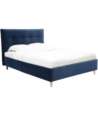 Lit adulte LONY - Couchage 140x190 cm - Tissu velours mat Navy - Structure bois - Sans sommier - L152 x H112 x P199 cm