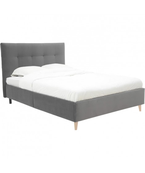 Lit adulte LONY - Couchage 140x190 cm - Tissu velours mat Anthracite - Structure bois - Sans sommier - L152 x H112 x P199 cm