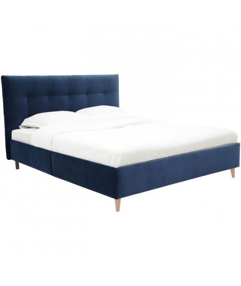 Lit adulte LONY - Couchage 160x200 cm - Tissu velours mat Navy - Structure bois - Sans sommier - L167 x H112 x P210 cm