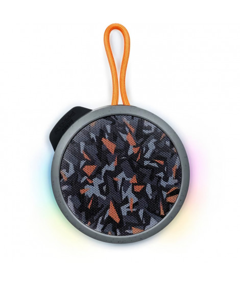 BIGBEN Party - Enceinte Bluetooth ronde avec dragonne et effets lumineux - 15W - Gris et orange camouflage