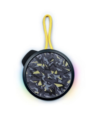 BIGBEN Party - Enceinte Bluetooth ronde avec dragonne et effets lumineux - 15W - Noir et jaune camouflage