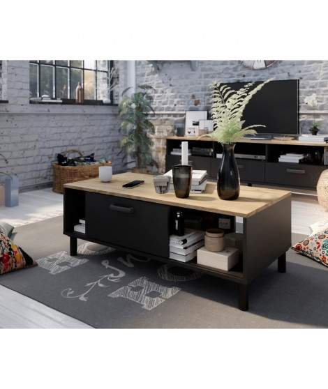 Ensemble Meuble TV+Table basse OXFORD - Style industriel - Mélaminé chene noir - Table Basse: L110xP55xH40 - Meuble Tv: L159x…