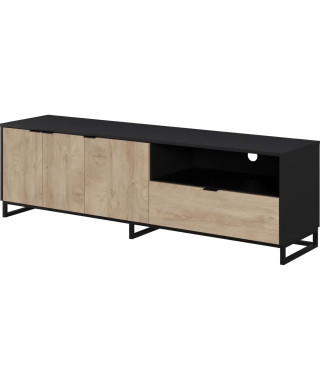 Meuble TV NEO - Mélaminé chene et noir - 3 portes + 1 tiroir + 1 niche - L180 x P44 x H54,5 cm