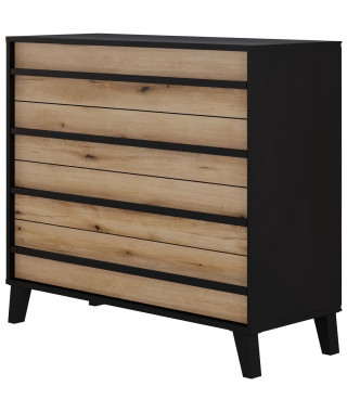 Commode HEKA 4 tiroirs - Décor noir et chene - L100 x P40 x H89 cm - Fabriqué en Espagne