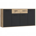 Buffet PILVI - Style contemporain - Particules mélaminé - Décor Chene et noir - 4 portes + 2 tiroirs - L 162,3 x P 34,2 x H 8…