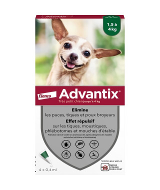 Advantix Chien Solution Antiparasitaire Puces Tiques Répulsif Mouches Moustiques Phlébotomes 1,5 a 4kg 4 pipettes