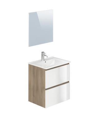 Meuble vasque MYSTIC 60cm - 2 tiroirs - Mélaminé chene et blanc brillant