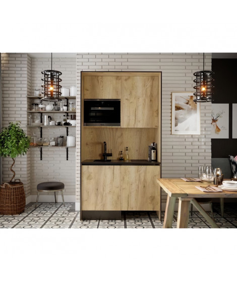 Kitchenette CLEVER 4 portes - Mélaminé chene et noir - Gain de place - L 124 x P 60 x H 230 cm