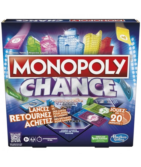 Monopoly Chance, jeu de plateau Monopoly rapide pour la famille, pour 2 a 4 joueurs, environ 20 min.