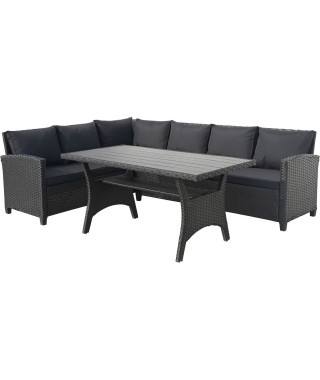 Salon de jardin MILOS 5 personnes - Canapé d'angle gauche + Table repas en résine tressée - L 238 x P 180 x H 76 cm - Noir