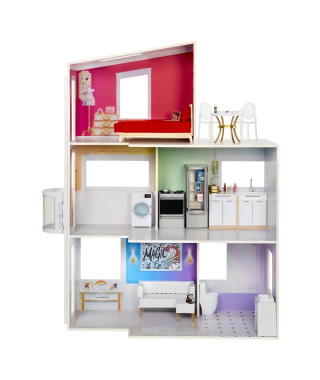 Rainbow High Townhouse - Maison en bois 3 étages et 6 pieces - Ascenseur fontionnel et meubles mobiles