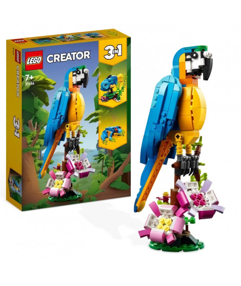 LEGO Creator 3-en-1 31136 Le Perroquet Exotique, Figurines Animaux de la Jungle, avec Grenouille et Poisson