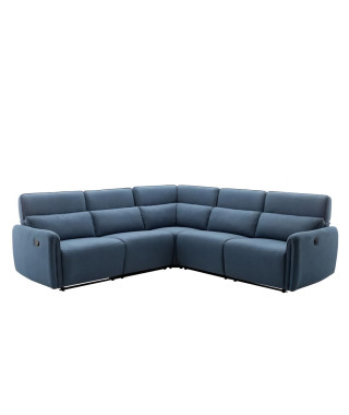 Canapé d'angle 5/6 places LANDON -Tissu Bleu -2 places relax électrique et manuel - L 269 x P 50 x H 99 cm