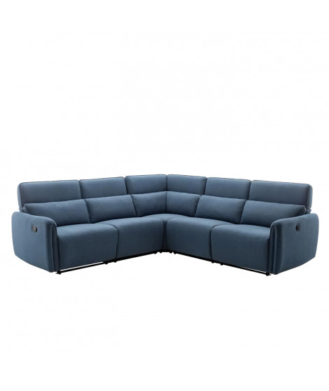 Canapé d'angle 5/6 places LANDON -Tissu Bleu -2 places relax électrique et manuel - L 269 x P 50 x H 99 cm