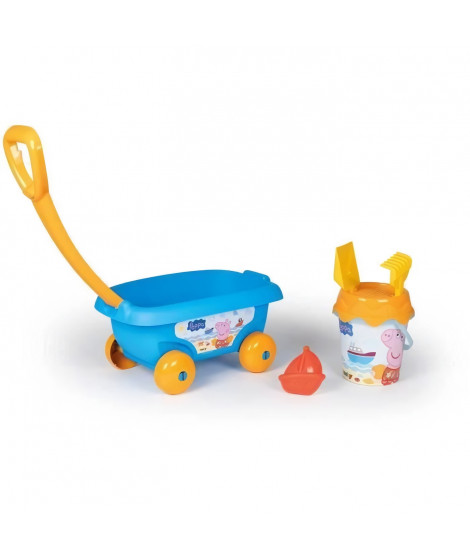 SMOBY - PEPPA PIG Chariot de plage garni : seau + tamis + pelle + râteau + moule a sable