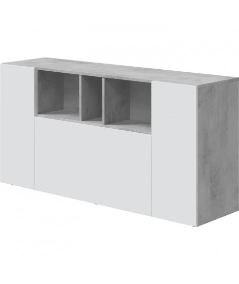 Buffet LOIRA - Mélaminé - Blanc artik et ciment - 3 portes + 3 niches de rangement - L 150 x P 41 x H 76 cm