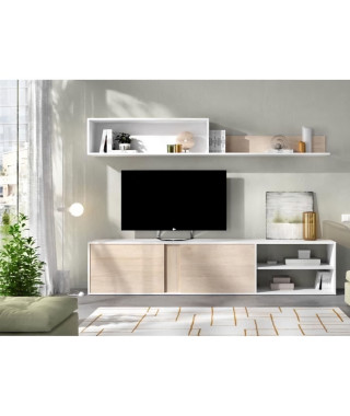 Ensemble de salon - ATLANTA - Meuble TV avec étagere murale - Blanc et chene - 180 cm