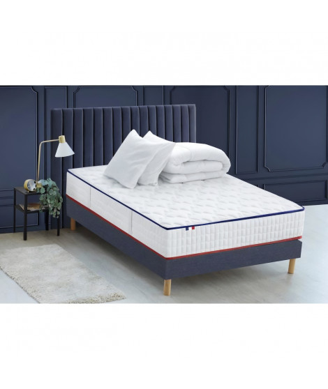 CONFORT DESIGN Pack complet Matelas 594 Ressorts + Sommier Bleu denim +  Couette + 2 Oreillers 140x190cm CHANTILLY