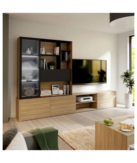 Meuble TV mural suspendu ULEZZA : Meuble TV 3 portes + Etagere - Eclairage inclus - Décor noir et chene - L304 x P42 x H200 cm