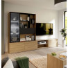 Meuble TV mural suspendu ULEZZA : Meuble TV 3 portes + Etagere - Eclairage inclus - Décor noir et chene - L304 x P42 x H200 cm